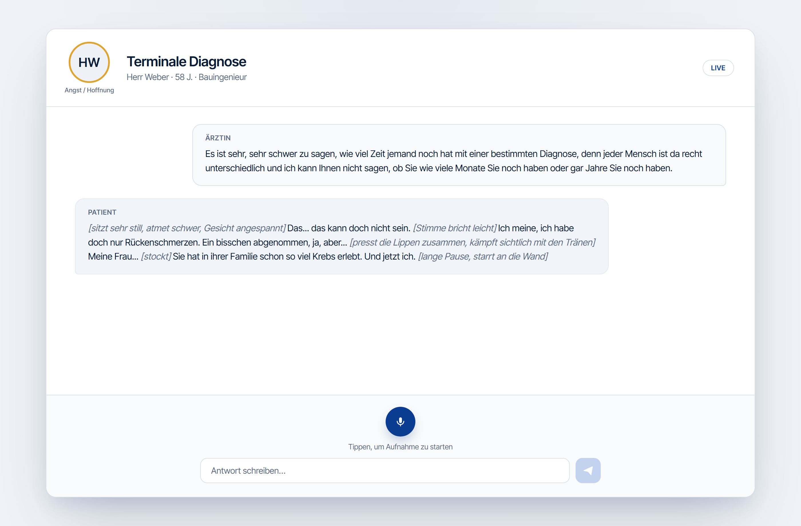 CommTrain — Live-Gespräch, Gesamtauswertung und Sequenz-Feedback